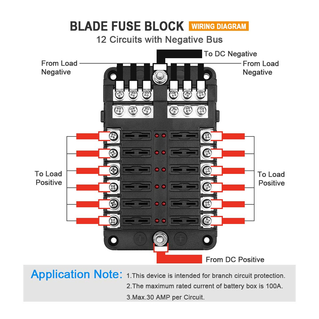 12 Fuse Block with LED Indicator and 24 fuses, 12 volt, 31pc, 2 x Label
