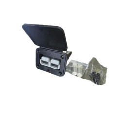 Anderson plug panel mount with flip cover open showing grey plug, terminals and mounting screws