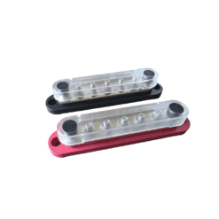 7 stud M6 busbar pair, red positive and black negative, with clear covers