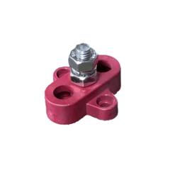 Red 150A M8 junction block, angled view showing stud and nuts