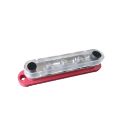 Red positive 5 stud M8 busbar with clear cover fitted