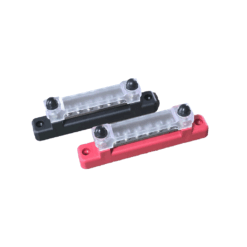 Red and black 150A bus bars side by side with clear covers