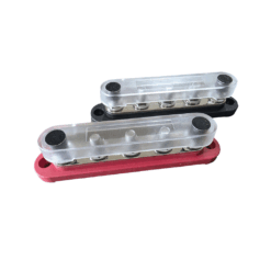 150A M8 busbar pair, red positive and black negative, with clear covers
